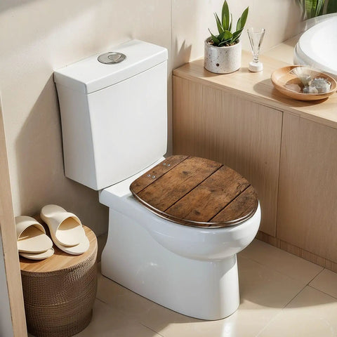 Elongated Overhead view brown wooden table Toilet Seat on modern toilet with white tank and wooden decor.