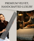 Ciieyuo door draft stopper in grey quilted velvet, rolled tube held by woman; sewing machine and fabric on table
