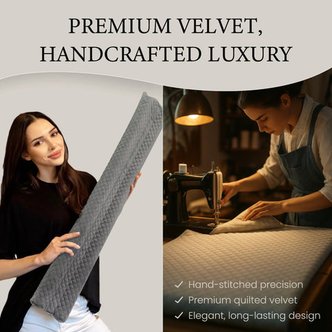 Ciieyuo door draft stopper in grey quilted velvet, rolled tube held by woman; sewing machine and fabric on table
