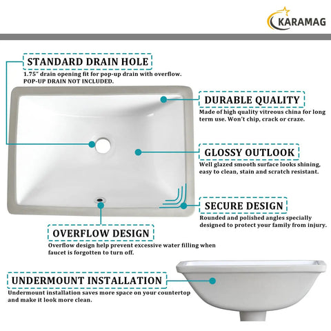 Durable White Rectangle Undermount Sink For Vanity And Bathroom, Vitreous Ceramic With Curved Sides, Easy Clean Design Features