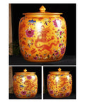 Handcrafted Ceramic Rice Jar With Lid For Kitchen Flour Storage, Glazed Grain Dispenser And Coffee Bean Canister, Solid Stoneware Pantry Vessel That Is An Absolute Game Changer, decorated with colorful dragon and floral patterns.