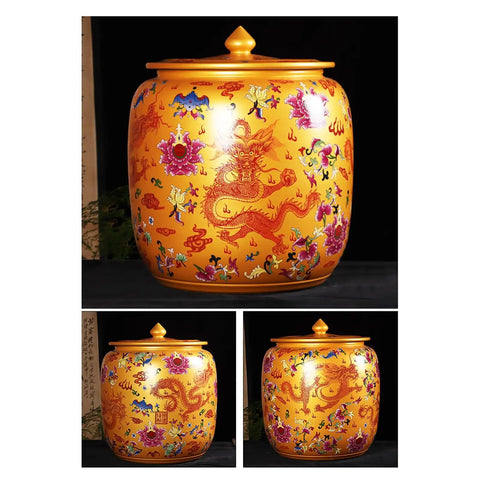 Handcrafted Ceramic Rice Jar With Lid For Kitchen Flour Storage, Glazed Grain Dispenser And Coffee Bean Canister, Solid Stoneware Pantry Vessel That Is An Absolute Game Changer, decorated with colorful dragon and floral patterns.