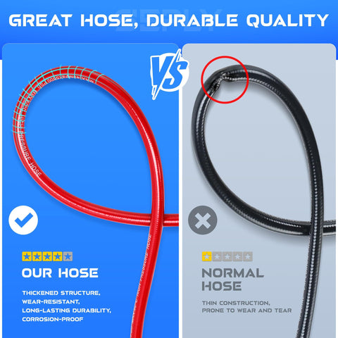 Comparison of red heavy duty sewer jetter hose and black normal hose, highlighting durability and wear resistance.