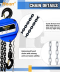 1 Ton Hand Chain Hoist With 20 Ft Chain In G80 Manganese Steel, dual hooks, blue casing, anti-corrosion chain details