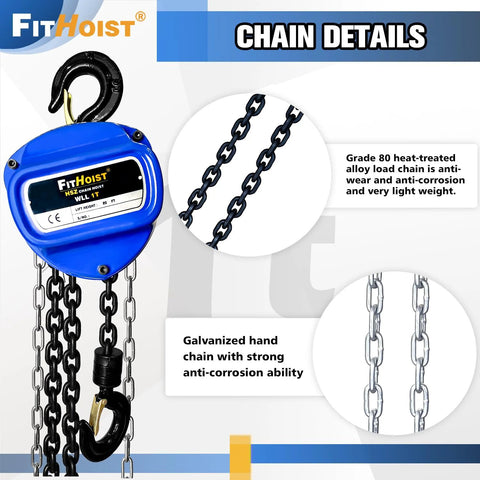 1 Ton Hand Chain Hoist With 20 Ft Chain In G80 Manganese Steel, dual hooks, blue casing, anti-corrosion chain details
