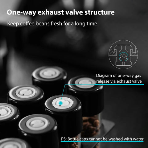 Single Dose Coffee Storage Tubes With One Way Exhaust Valve 8 Piece Set Espresso Dosing Jars showing cap structure and ventilation.
