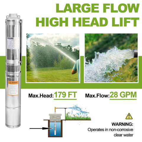 4 Inch Deep Well Submersible Pump With 10 Ft Cable 0.5 HP 115V 28 GPM 179 Ft Head Stainless Steel Borehole Water Pump visible.