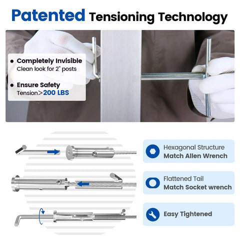 Swageless Invisible Cable Railing Kit With 1/8 Inch Cable, T316 Stainless Steel Fittings in use on 2x2 metal post, detail view CB05