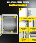 Heavy Duty 12 X 10 X 6 Inch Steel Electrical Enclosure Nema 4x IP66 Junction Box showing lock, hinge, and mounting details.