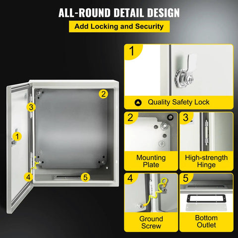 Heavy Duty 12 X 10 X 6 Inch Steel Electrical Enclosure Nema 4x IP66 Junction Box showing lock, hinge, and mounting details.