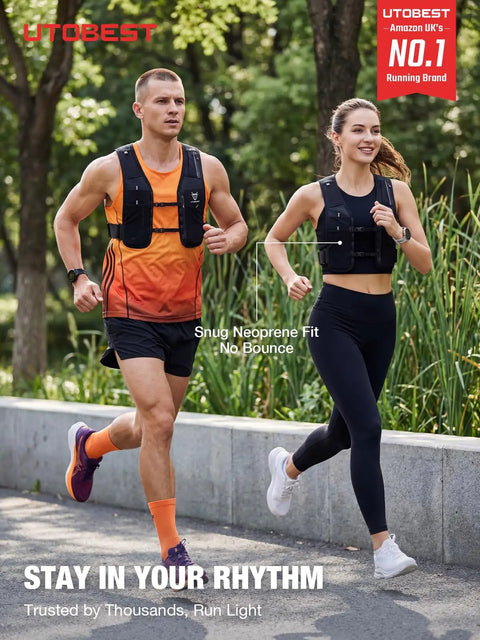 Two people jogging with No Bounce Hydration Vest Pack For Men And Women With 500ml Soft Flask, water resistant, reflective gear
