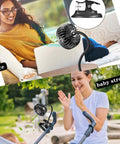 Clip On USB Mini Desk Fan With Emergency Power Bank used on desk and stroller outdoors