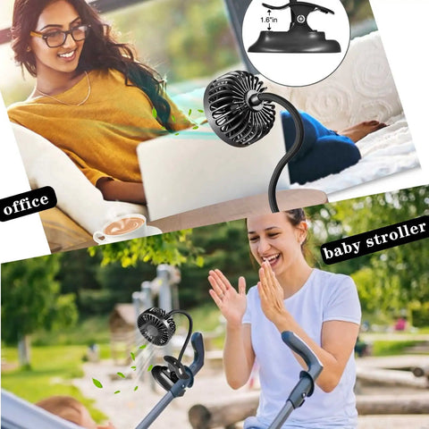 Clip On USB Mini Desk Fan With Emergency Power Bank used on desk and stroller outdoors