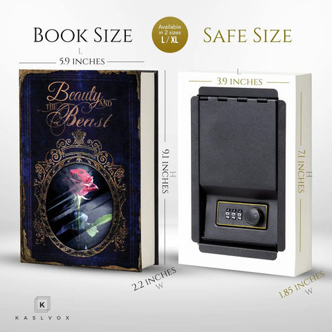 Hideaway Book Safe With Combination Lock A Real Stash Box Diversion Safe Disguised As A Novel For Valuables Such As Cash Jewelry And Documents Big Hidden Storage Beauty And The Beast Theme showing dimensions