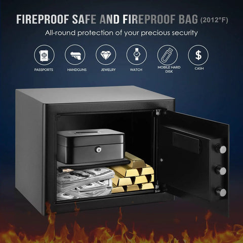 Fireproof Safe Box With Lock Waterproof Safe Bag Included Built To Last For Cash Jewelry Pistol Documents And Files Digital Cabinet Safe open with valuables inside