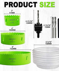Front view of 8-in-1 Bi-metal hole saw kit with green 2in, 4in, 6in saws, drill bits, arbors, hex key, and white tubing