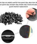 200 Piece Car Retainer Clip Kit For Bumpers And Door Trim Universal Plastic Rivets Fasteners shown with installation views