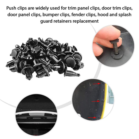 200 Piece Car Retainer Clip Kit For Bumpers And Door Trim Universal Plastic Rivets Fasteners shown with installation views