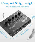 Gig Ready 4 Channel Stereo Audio Mixer USB Powered 5V Ultra Low Noise Submixing Console with size dimensions and feather illustration
