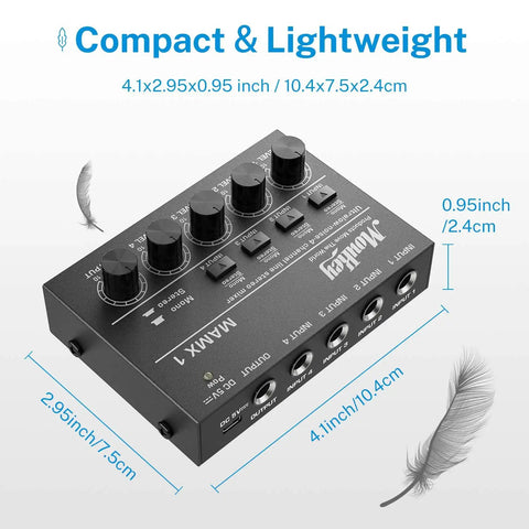 Gig Ready 4 Channel Stereo Audio Mixer USB Powered 5V Ultra Low Noise Submixing Console with size dimensions and feather illustration