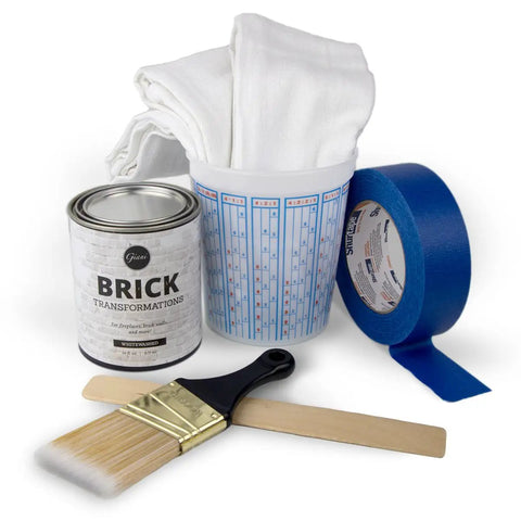 Brick Transformations Kit Whitewashed For Fireplaces And Brick Walls Inside The Home Easy Prep All In One Kit with tools and paint can.