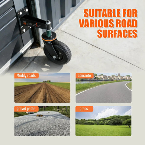 8 Inch Heavy Duty Gate Wheels For Fences And Metal Tube Gates Featuring Spring Loaded 360 Swivel Casters rated for various road surfaces.