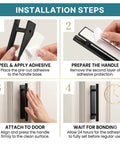 Installation steps for 10 Piece Self Stick Cabinet Handles, Peel And Stick Push Pull Helpers showing adhesive application.
