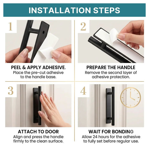 Installation steps for 10 Piece Self Stick Cabinet Handles, Peel And Stick Push Pull Helpers showing adhesive application.