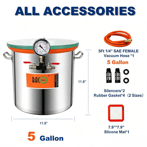 Badass 5 Gallon Vacuum Chamber Setup With Clear Tempered Glass Lid And Tough 4.5 Cfm Oil Free Pump For Quick Resin Degassing and accessories.