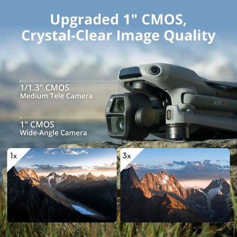 Air 3S Fly More Combo With Dual Screen Remote Controller 1 Inch CMOS Wide Angle And Medium Tele Cameras on rocky surface