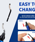 Close-up of Pro Grade Deburring Tool Kit With 20 High Speed Blades showing blade change steps and quick-release collar.