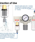 Diagram showing 1/4 Inch NPT Air Compressor Filter Regulator Lubricator FRL Combo with water oil trap and pressure gauge, AC2000-02