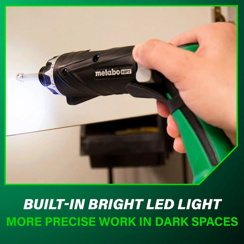 Hand using Cordless Screwdriver Kit 3.6V With Dual Position Handle, built-in LED light for precise driving in dark spaces