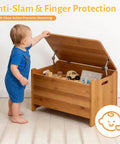 Child opening toy chest showing Heavy Duty Mechanical Lid Stay Hinge 110-Degree Adjustable Soft Close Built Tough for safety and access.
