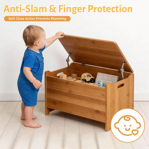 Child opening toy chest showing Heavy Duty Mechanical Lid Stay Hinge 110-Degree Adjustable Soft Close Built Tough for safety and access.
