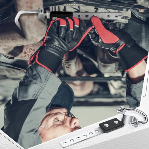 Mechanic installing 2 Pack Universal Exhaust Hangers for Muffler And Tail Pipe, heavy-duty swivel bracket, flexible tailpipe hanger kit