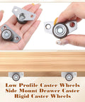 4 Piece Mini Side Mount Caster Wheels Set for Furniture with nylon wheels and steel housings, shown in hand and installed on wood surface.