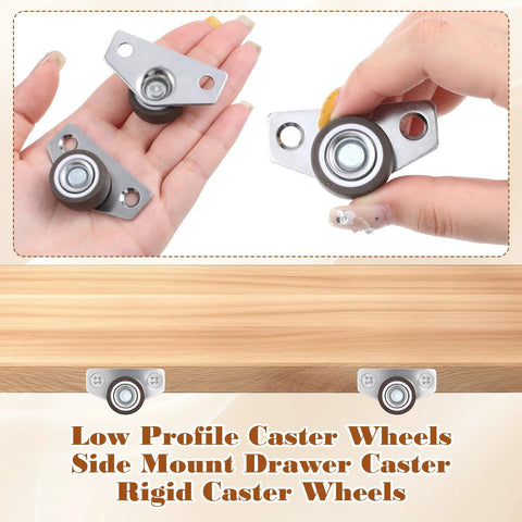 4 Piece Mini Side Mount Caster Wheels Set for Furniture with nylon wheels and steel housings, shown in hand and installed on wood surface.
