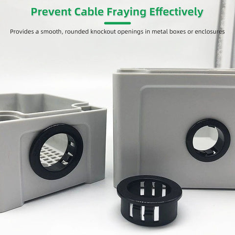 Snap-In Knockout Bushing Grommets 1/2 Inch Black Nylon Plastic Cable Hole Grommets for Wiring and Electrical Installations in use
