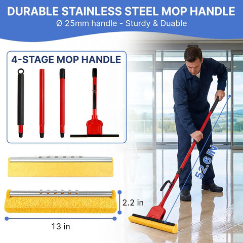 Commercial Sponge Mop With Stainless Steel Extendable Handle And Two Compressed Cellulose Heads For Heavy Duty Home And Business Cleaning Designed To Blast Through Floor Grime And Make Tackling Tile Or Hardwood Floors A No Sweat Gig.
