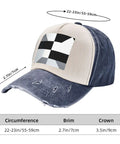 Unisex Adjustable Cotton Baseball Cap With Classic Black And White Piano Grid Pattern Breathable Comfort Fit Sun Hat side view with dimensions.