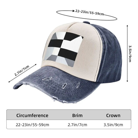 Unisex Adjustable Cotton Baseball Cap With Classic Black And White Piano Grid Pattern Breathable Comfort Fit Sun Hat side view with dimensions.