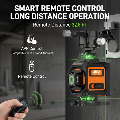 360 Self Leveling Laser Level With 4D Capabilities And 16 Green Lines, Pro Grade Tool, shown installed with remote control.