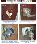Comparison of damaged door and improved lock with Matte Black Door Lock Reinforcement Plate Kit Two Piece For Door Knobs And Deadbolts Covers Damaged Areas Fills Gaps Reinforces Loose Locks Backplate Repair Cover For Most Standard Levers And Knobs