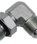 Elbow hydraulic adapter fitting, 1/2 in JIC 37° male to SAE/ORB male, 90-degree, silver metal