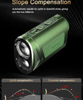 Rugged Golf Rangefinder With Slope And Flag Lock Vibration 7X Magnification For Pin Shots Up To 1300 Yards IP54 Waterproof Dustproof Compact Aluminum CNC Machined Build green golf rangefinder showing slope compensation
