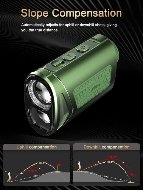 Rugged Golf Rangefinder With Slope And Flag Lock Vibration 7X Magnification For Pin Shots Up To 1300 Yards IP54 Waterproof Dustproof Compact Aluminum CNC Machined Build green golf rangefinder showing slope compensation