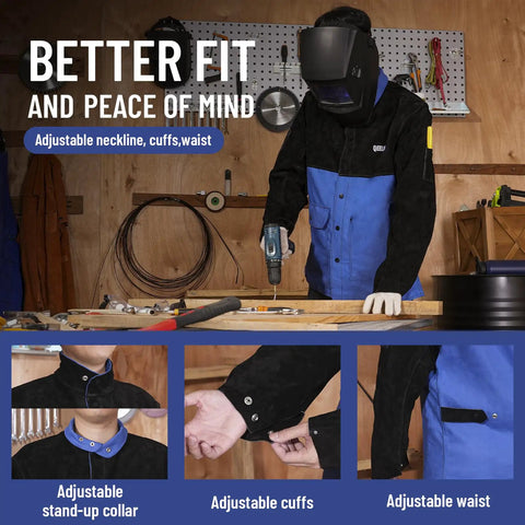 Split Leather Sleeves Welding Jacket With 10oz FR Cotton Body, welder using tools in workshop, close-up of adjustable features.