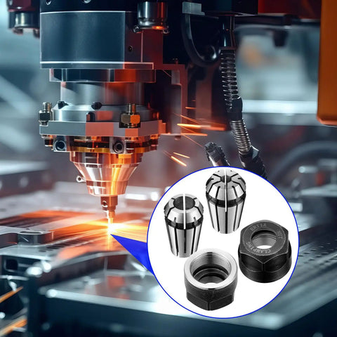Close-up of CNC machine with 9 Pcs ER11 Spring Collet Nut Set With One Eighth Inch Collets And One Fourth Inch Collets in use.