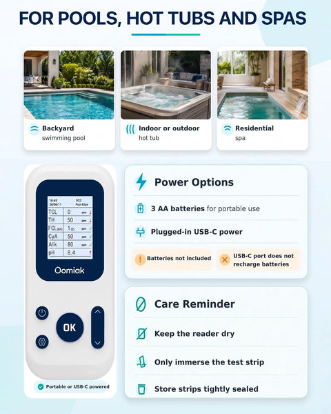 Digital Pool And Spa Water Test Kit Featuring 7 In 1 Chemistry Analysis showing detailed features and power options for easy use.